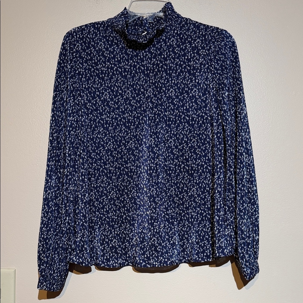 J.O.A. Navy and White Printed Long-Sleeve Mock Neck Top